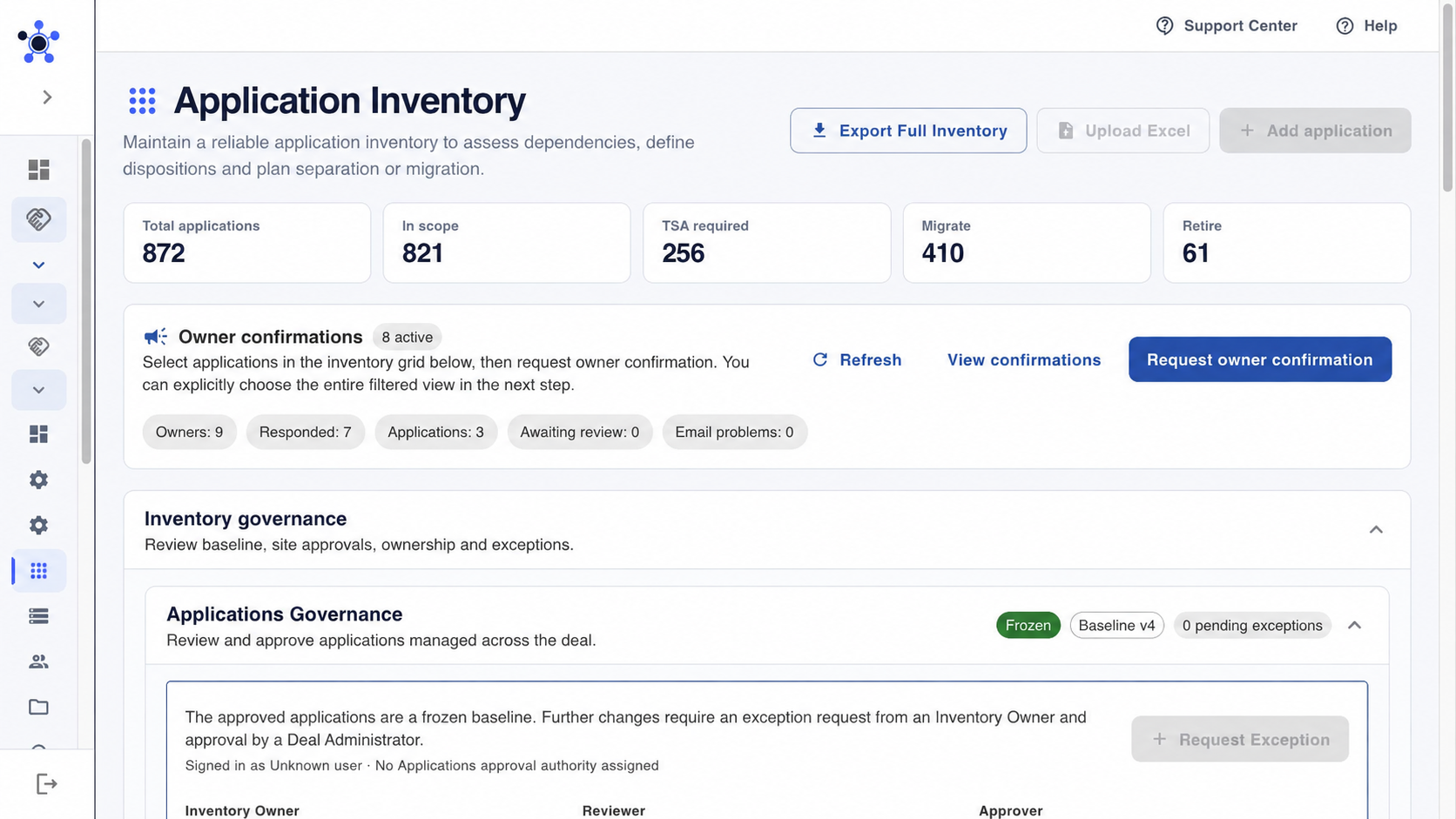 MergeVista governed application inventory with ownership and data quality controls