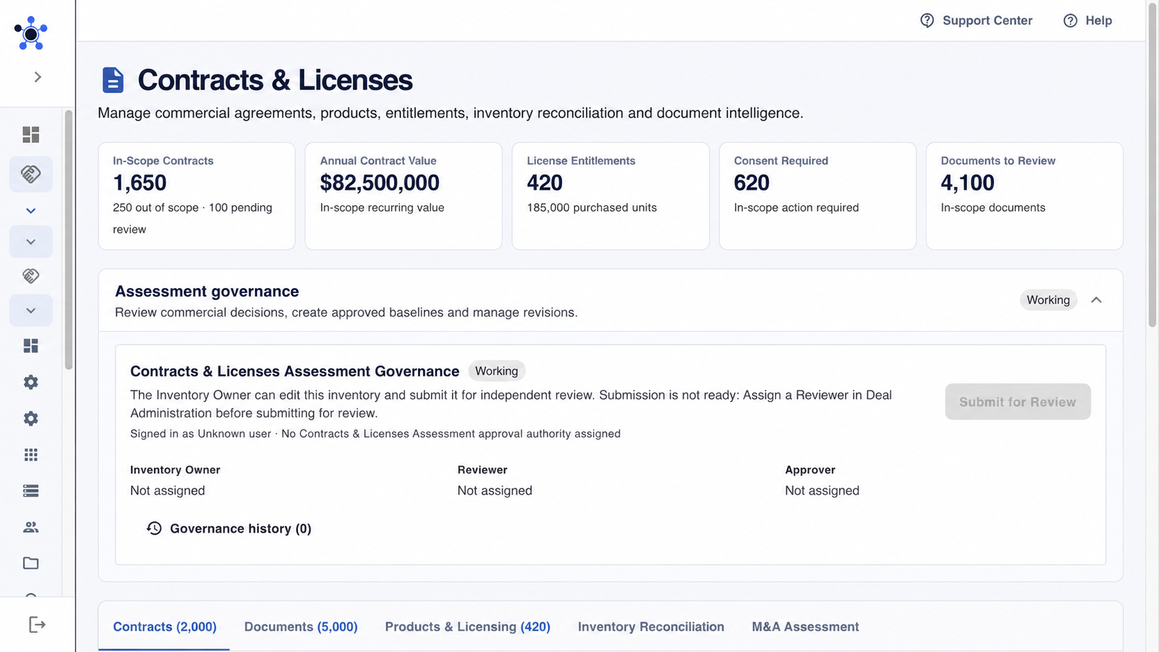 MergeVista contracts and licenses workspace connecting commercial obligations to execution