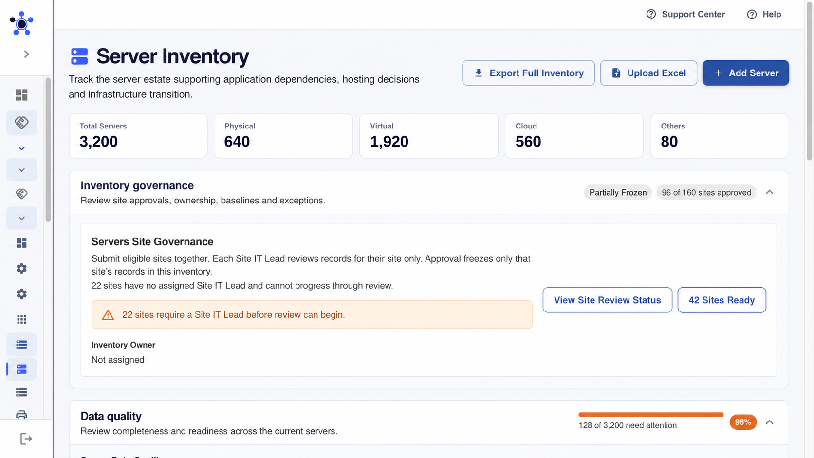 MergeVista server inventory showing site, application and TSA disposition relationships